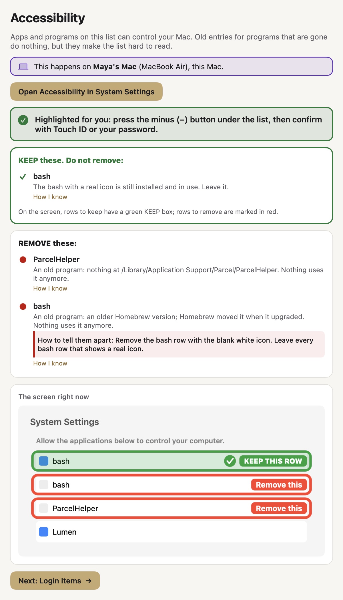The Settings Valet Accessibility page: a green Keep list with the installed bash, a red Remove list with ParcelHelper and an older bash, and a small picture of the System Settings list with the same marks.