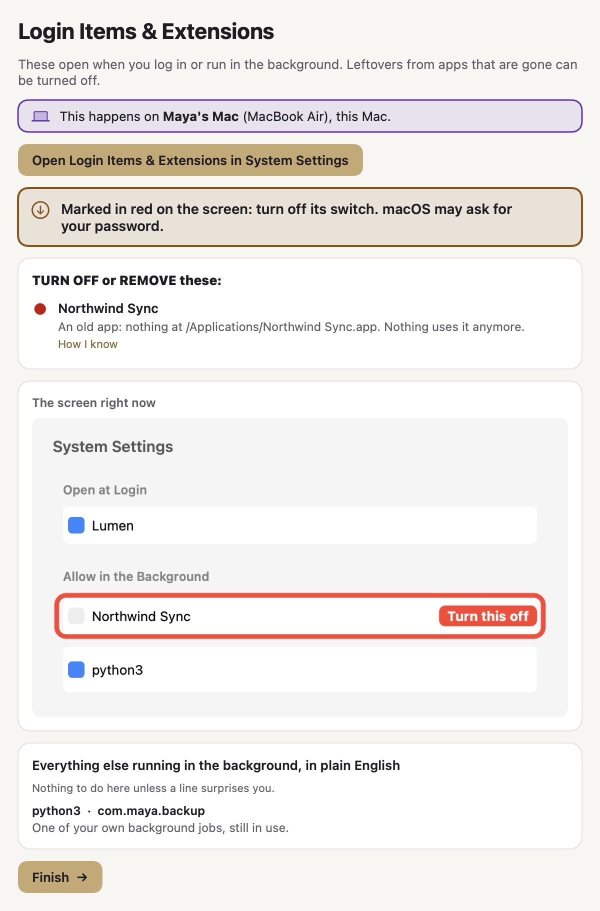 The Settings Valet Login Items page: Northwind Sync marked in red as an app that is gone, Lumen and python3 left alone, and python3 explained as one of your own background jobs.